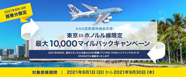 ANAは、東京⇔ホノルル線限定マイルバックキャンペーンを開催、特典航空券が30,000マイル～！