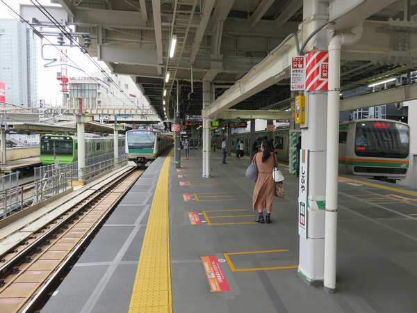 埼京線新ホーム南端。上空に改札口を新設する計画があるためこの付近は幅が広く屋根の柱も特殊な形状になっている。