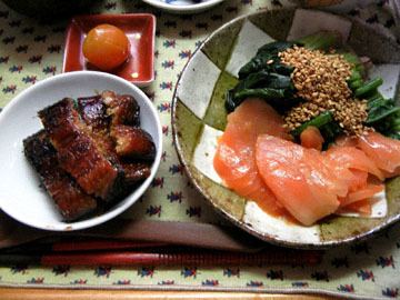 blog (5x4@300) Yoko CP1 Dinner, Hijiki, Natto, Kabocha, Nameko Miso Soup, Spinach, Smoked Salmon, Unagi, Kinkan_DSCN7904-2.4.18.jpg
