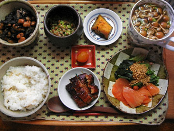 blog (5x4@300) Yoko CP1 Dinner, Hijiki, Natto, Kabocha, Nameko Miso Soup, Spinach, Smoked Salmon, Unagi, Kinkan_DSCN7903-2.4.18.jpg